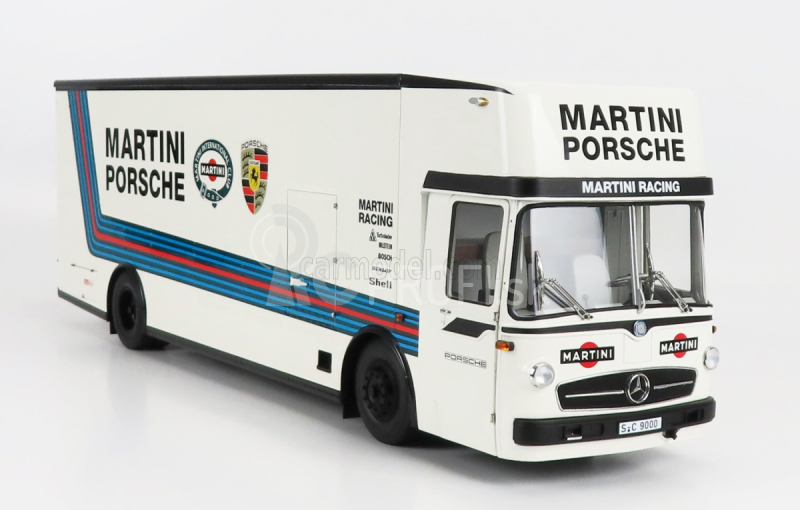 Schuco Mercedes benz O317 Truck Car Transporter Porsche Martini Racing 1968 1:18 bielo modrá