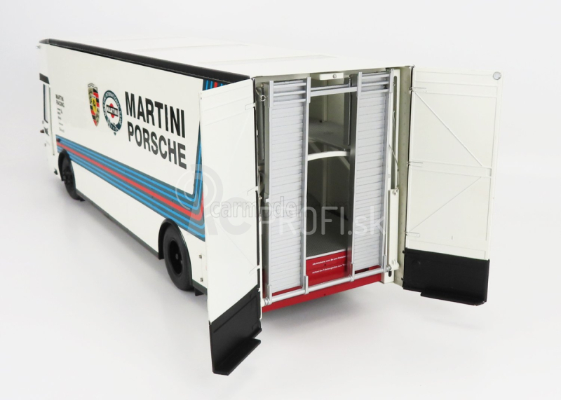 Schuco Mercedes benz O317 Truck Car Transporter Porsche Martini Racing 1968 1:18 bielo modrá