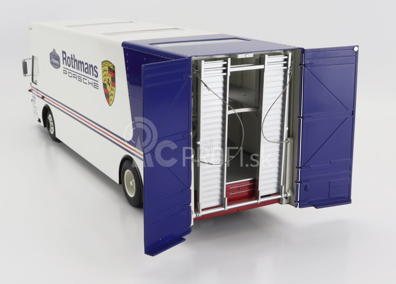 Schuco Mercedes benz O317 Truck Car Transporter Porsche Rothmans 1984 1:18 Biela modrá