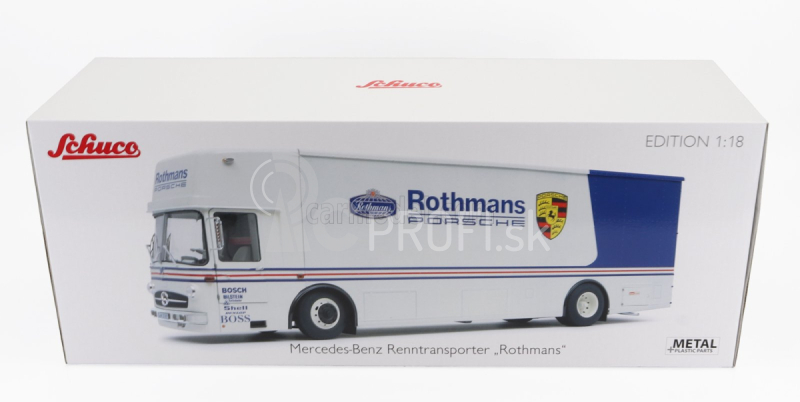 Schuco Mercedes benz O317 Truck Car Transporter Porsche Rothmans 1984 1:18 Biela modrá