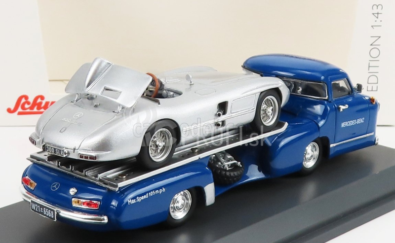 Schuco Mercedes Benz Racing Car Transporter Truck Rennwagen 1955 s 300 Slr Spider 1:43 Modrá strieborná