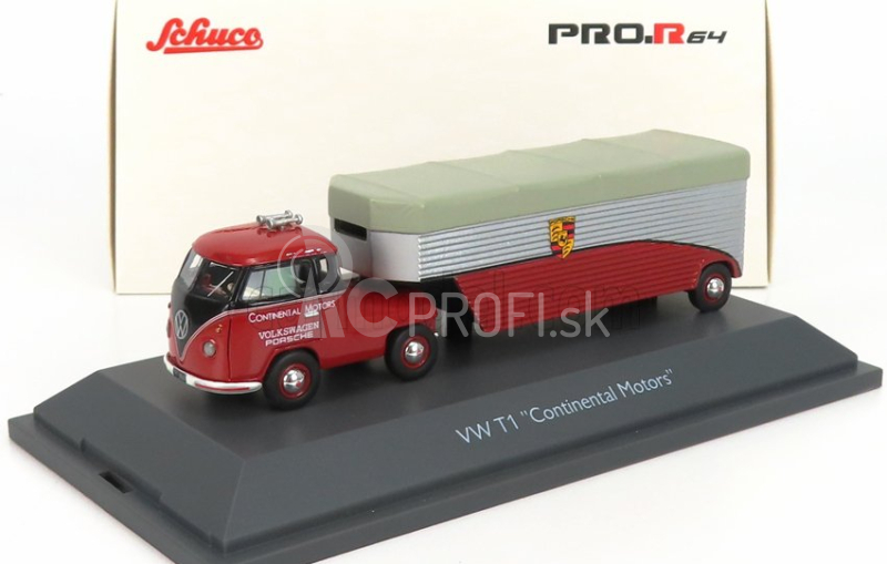 Schuco Volkswagen T1b Continental Motors Porsche Car Transporter 1962 1:64 Červená čierna strieborná