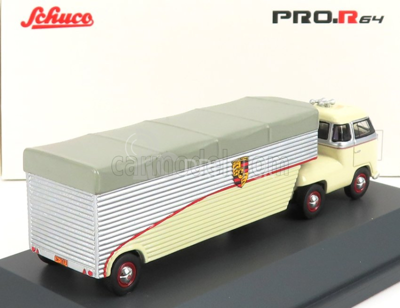 Schuco Volkswagen T1b Continental Motors Porsche Car Transporter 1962 1:64 krémovo šedá strieborná