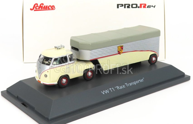 Schuco Volkswagen T1b Continental Motors Porsche Car Transporter 1962 1:64 krémovo šedá strieborná