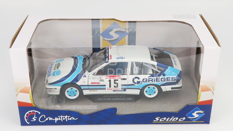 Solido Alfa romeo Alfetta Gtv6 N 15 Rally Des Garrigues 1986 C.rigollet - M.bathelot 1:18 Biela 2 tóny Modrá