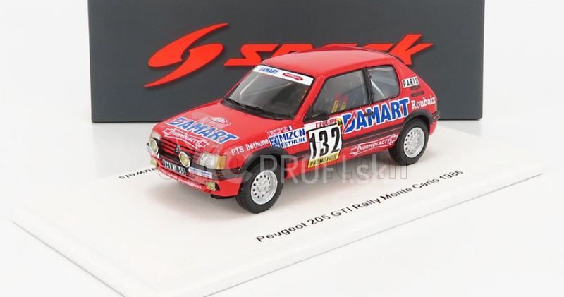 Spark-model Peugeot 205 1.6 Gti N 132 Rally Montecarlo 1986 Francois Delecour - Anne Chantal Pauwels 1:43 Červená