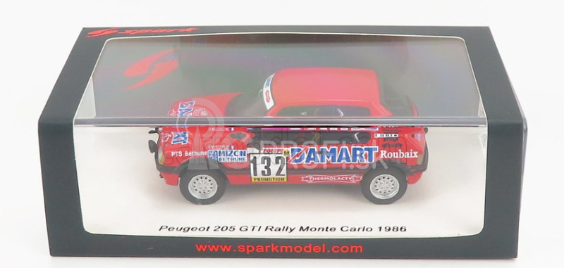 Spark-model Peugeot 205 1.6 Gti N 132 Rally Montecarlo 1986 Francois Delecour - Anne Chantal Pauwels 1:43 Červená