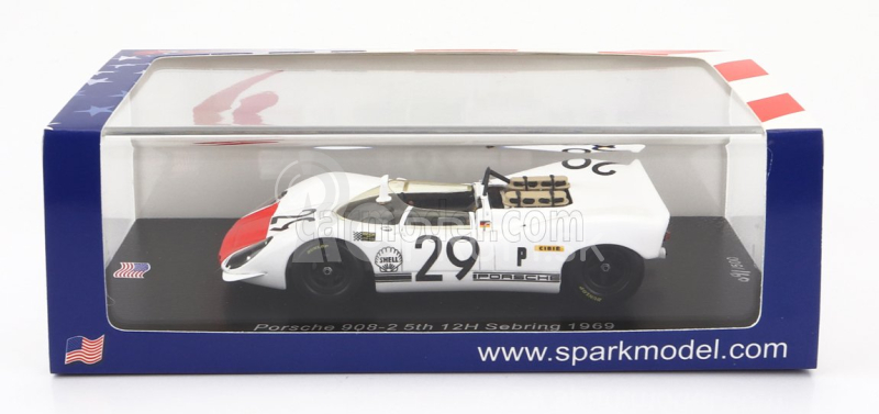 Spark-model Porsche 908/2 N 29 5. 12h Sebring 1969 G.mitter - U.schutz 1:43 Biela červená