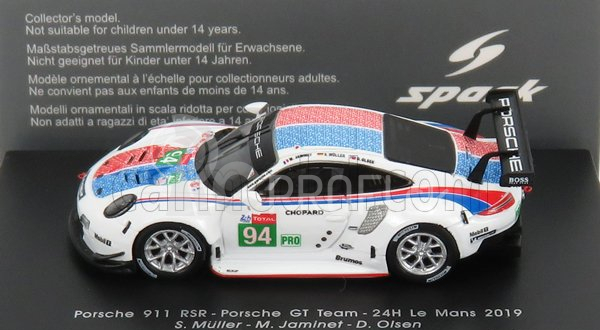 Spark-model Porsche 911 991-2 Rsr Team Porsche Gt N 94 24h Le Mans 2019 S.muller - M.jaminet - D.olsen 1:87 White Blue Red