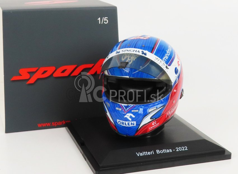 Spark-model prilby Bell F1 Casco Prilba Alfa Romeo C42 Team Orlen Racing N 77 Sezóna 2022 Valtteri Bottas 1:5 Modrá biela červená