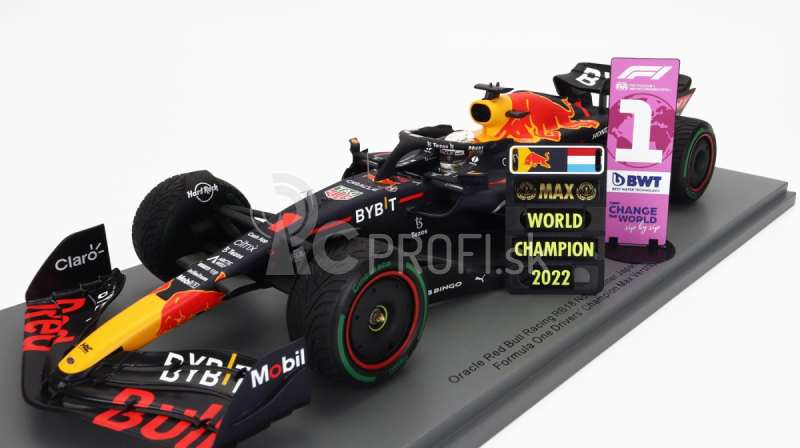 Spark-model Red bull F1 Rb18 Team Oracle Red Bull Racing N 1 Winner Japan Gp With Pit Board World Champion 2022 Max Verstappen 1:18 Matná modrá žltá červená