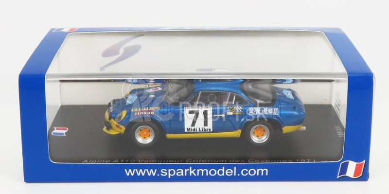 Spark-model Renault Alpine A110 1600s N 71 Winner Rally Criterium Des Cevennes 1971 B.darniche - A.mahe 1:43 Blue Met Yellow