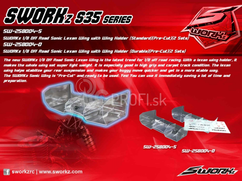 SWORKz 1/8 Off Road SONIC lexanové krídlo predrezané (štandardné), 2 ks