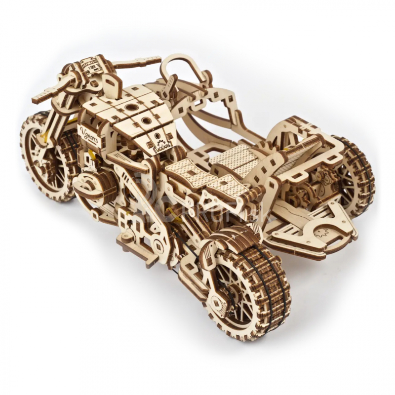 Ugears 3D drevené mechanické puzzle UGR-10 Motorka (scrambler) s vozíkom