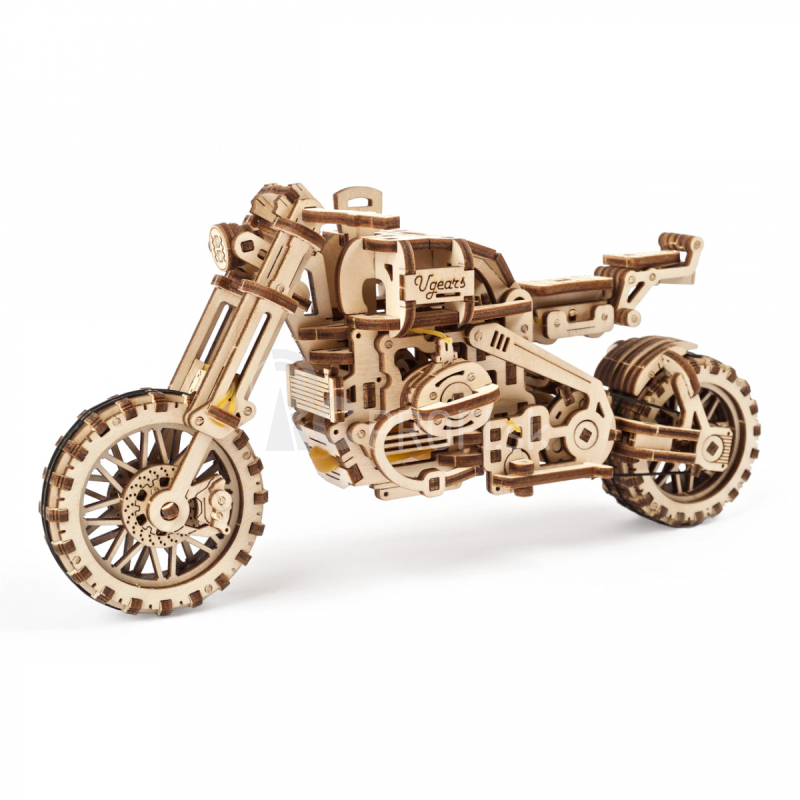 Ugears 3D drevené mechanické puzzle UGR-10 Motorka (scrambler) s vozíkom