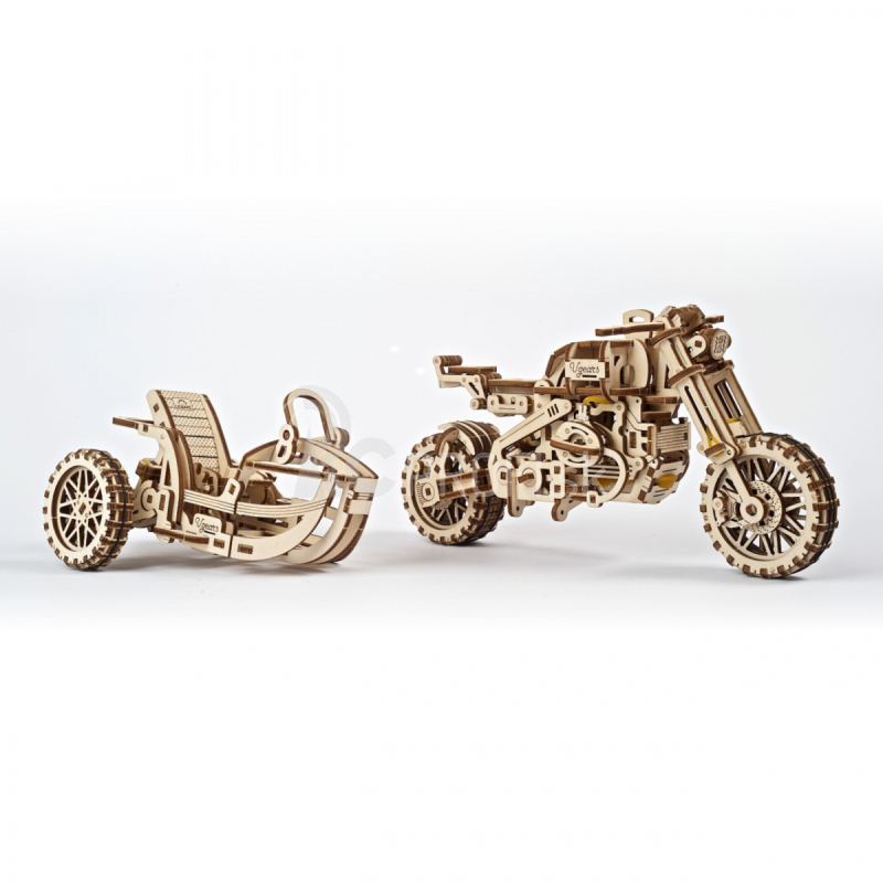 Ugears 3D drevené mechanické puzzle UGR-10 Motorka (scrambler) s vozíkom