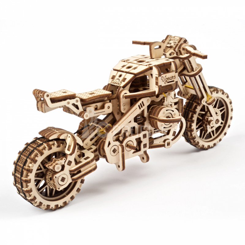 Ugears 3D drevené mechanické puzzle UGR-10 Motorka (scrambler) s vozíkom