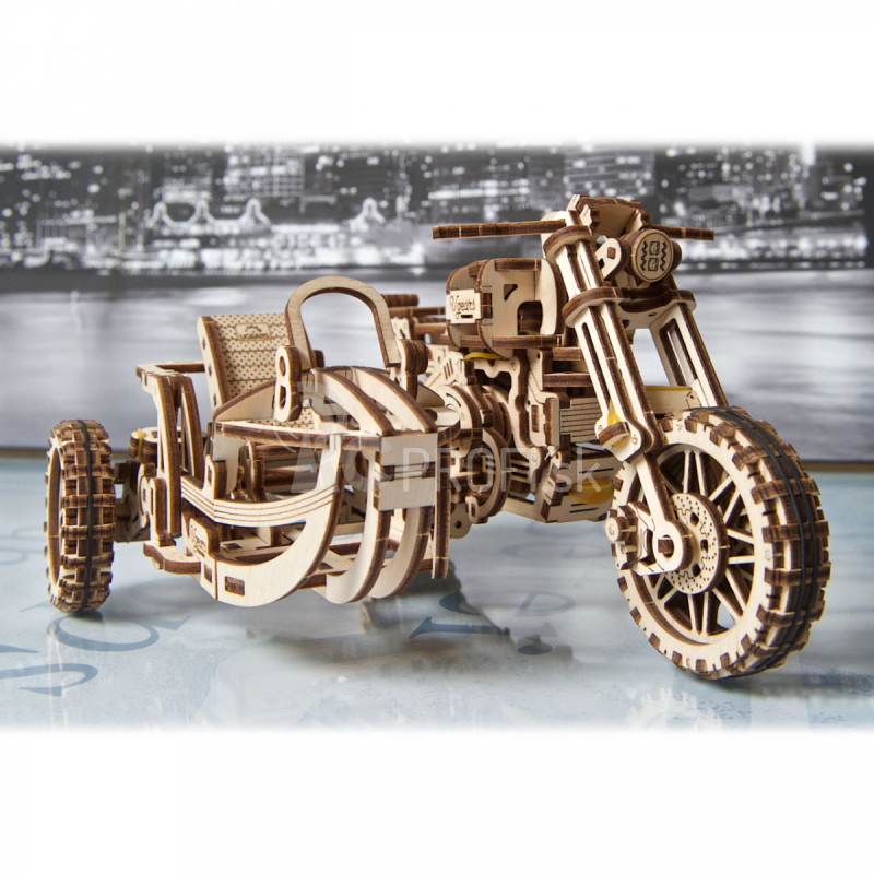 Ugears 3D drevené mechanické puzzle UGR-10 Motorka (scrambler) s vozíkom