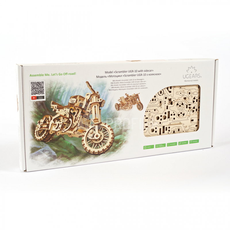 Ugears 3D drevené mechanické puzzle UGR-10 Motorka (scrambler) s vozíkom