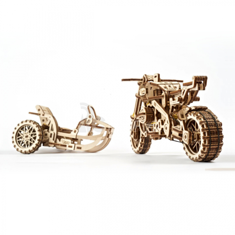 Ugears 3D drevené mechanické puzzle UGR-10 Motorka (scrambler) s vozíkom