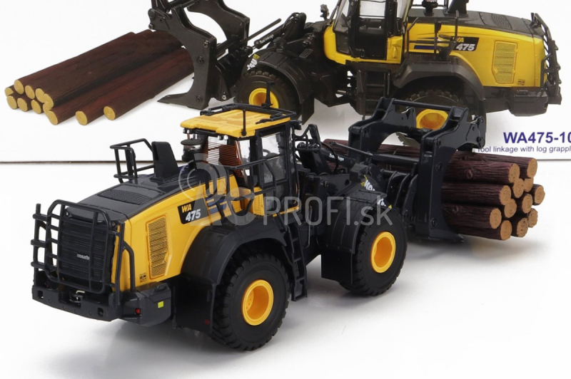 Universal hobbies Komatsu Wa475-10 Ruspa Gommata - škrabací traktor s drapákom na drevo 1:50 žltá čierna