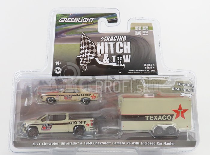 Greenlight Chevrolet Silverado Pick-up 2021 s prívesom + Camaro Rs Texaco Coupe 1969 1:64 béžová