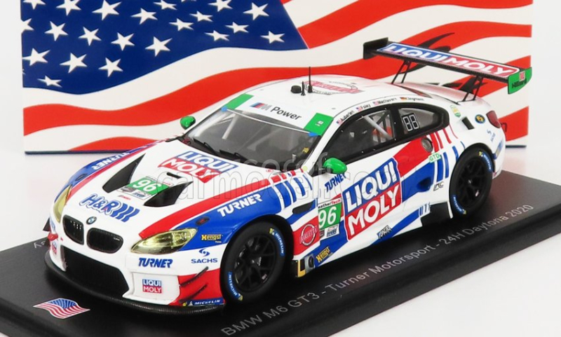 Iskrový model BMW radu 6 M6 Gt3 Team Turner Motorsport Liqui Moly N 96 24h Daytona 2020 J.klingmann - D.machavern - B.auberlen - R.foley 1:43 Biela červená modrá