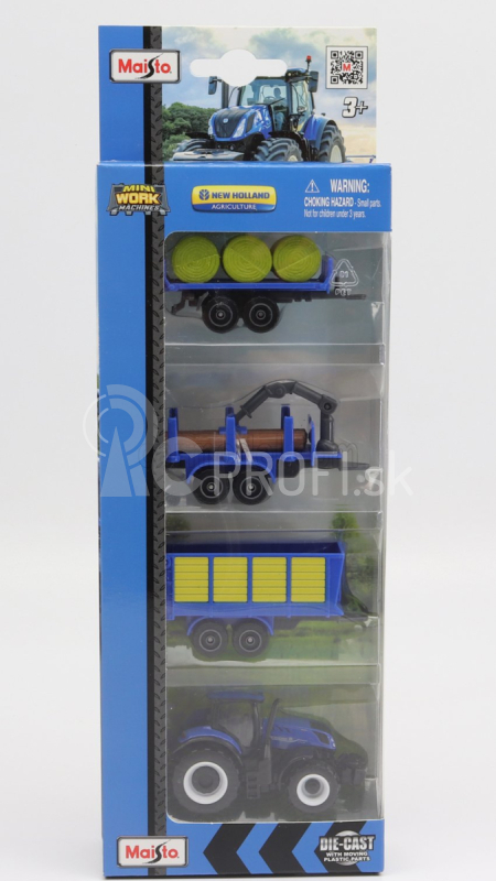 Maisto New holland Set T7-315 Tractor With 3x Trailer 2018 1:64 modro-žltá