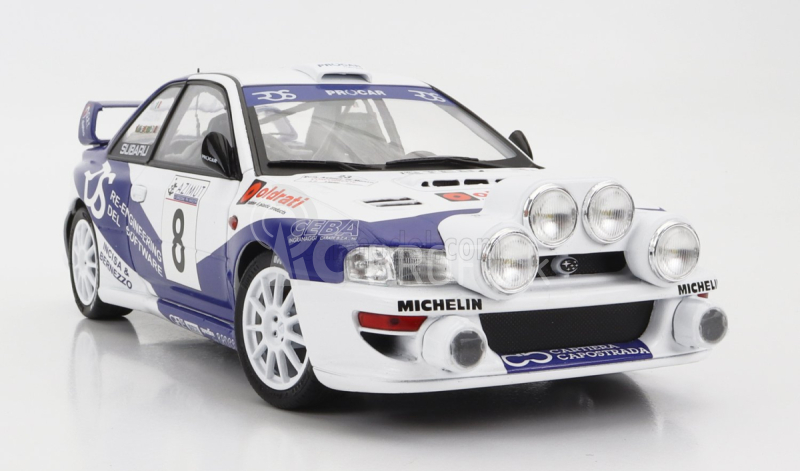 Subaru Impreza S5 Wrc99 (nočná verzia) N 8 Rally Azimut Di Monza 2000 Valentino Rossi - C.cassina 1:18 Biela Modrá