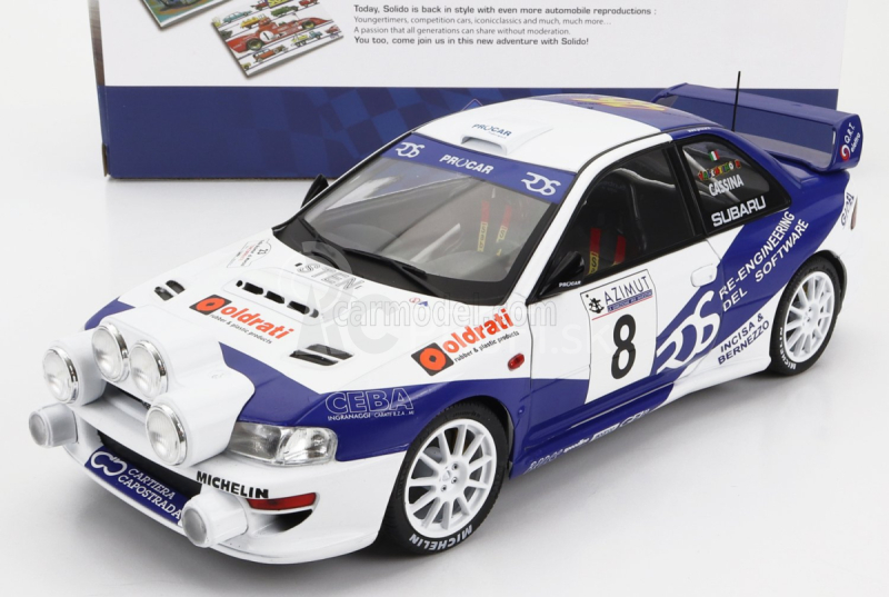 Subaru Impreza S5 Wrc99 (nočná verzia) N 8 Rally Azimut Di Monza 2000 Valentino Rossi - C.cassina 1:18 Biela Modrá