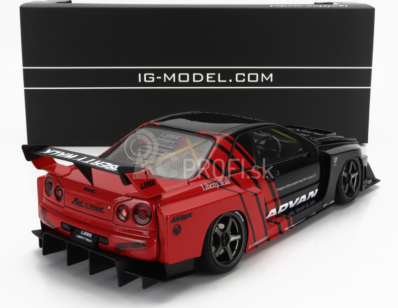 Zapaľovanie-model Nissan Skyline Er-34 Lb Works Super Silhouette Advan 1996 1:18 čierna červená