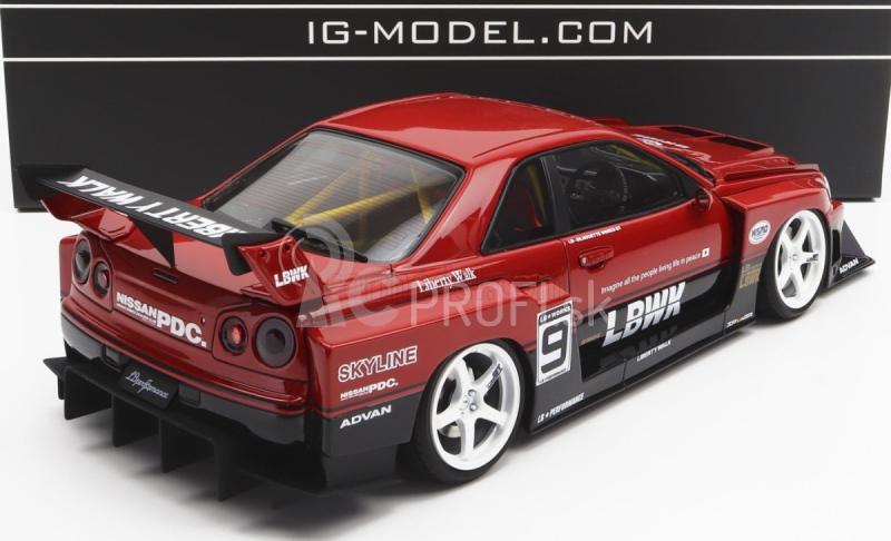 Zapaľovanie-model Nissan Skyline Lb-er34 N 9 Super Silhouette Lbwk 1996 1:18 Červená čierna