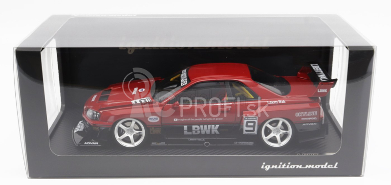 Zapaľovanie-model Nissan Skyline Lb-er34 N 9 Super Silhouette Lbwk 1996 1:18 Červená čierna